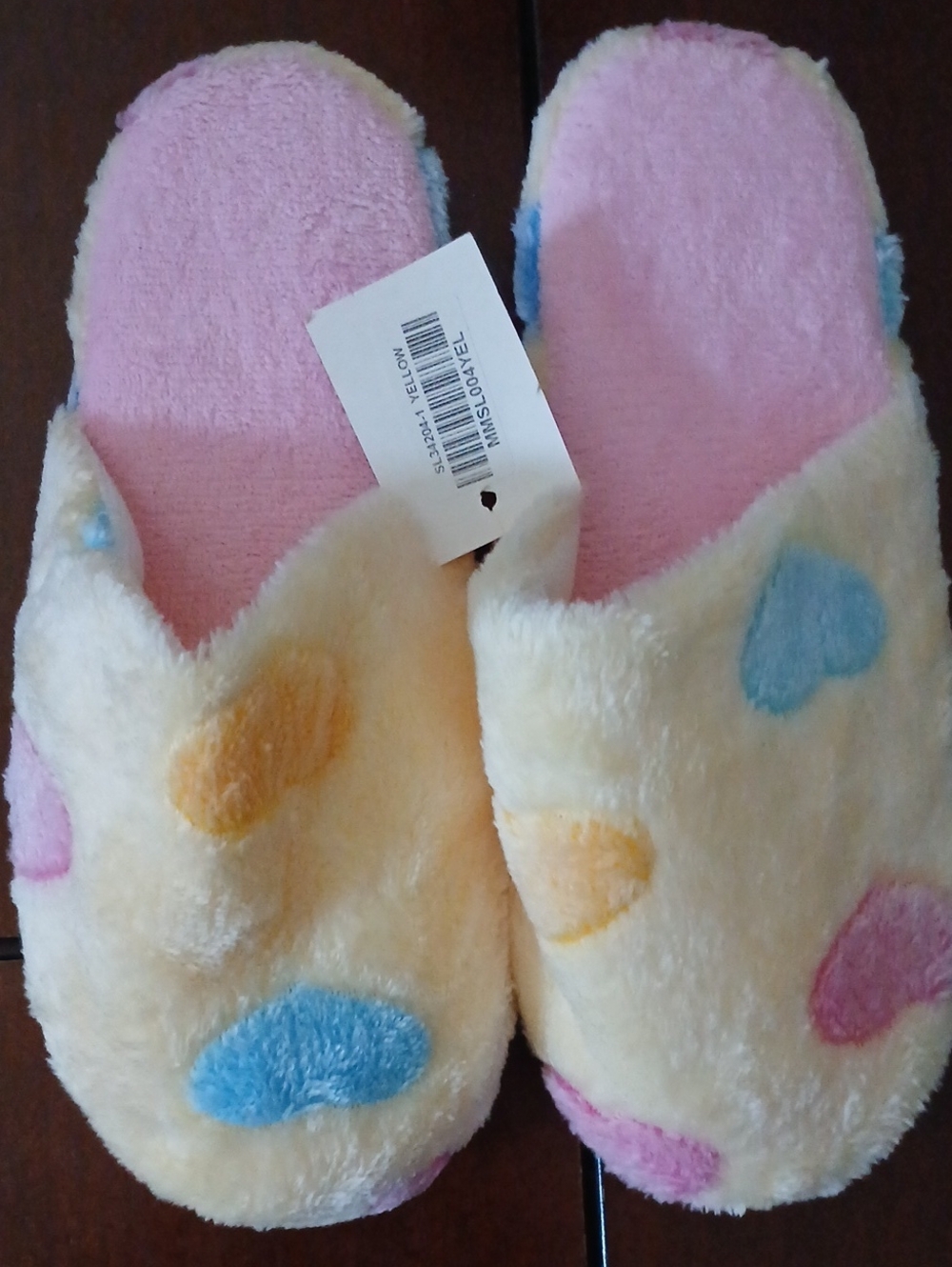 Plush Pastel Heart Slippers - Yellow with Pink & Blue Hearts